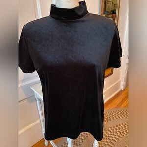 Black Velvet Mock Neck Slightly Cropped Short sleeved Holiday Blouse. Size XL